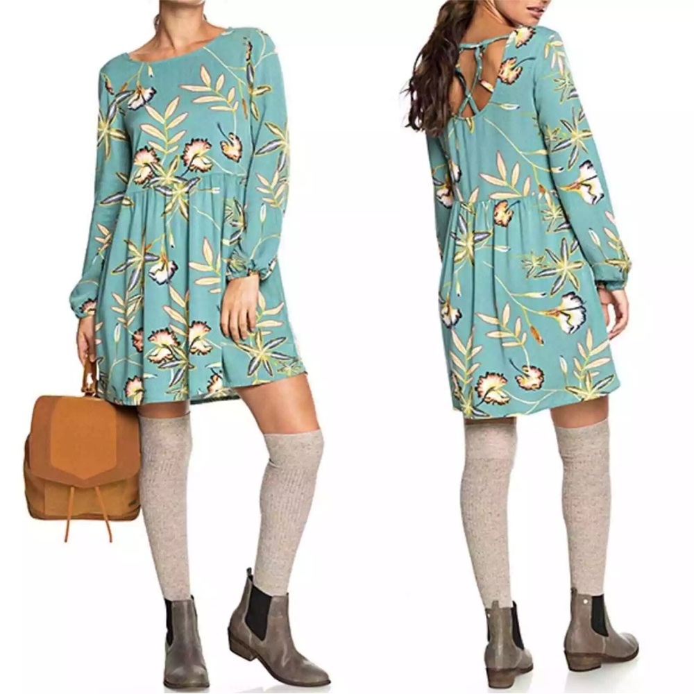 Roxy Highland Escape Long Sleeve Babydoll Dress Sz 6 Small Tropical Floral Print